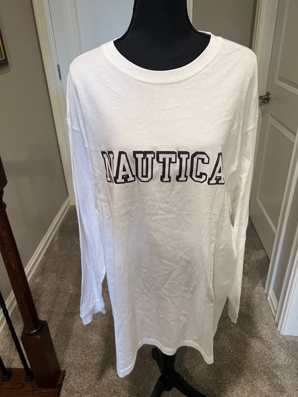 Men’s Nautica White Long Sleeve Tee with Black Logo & cuffs